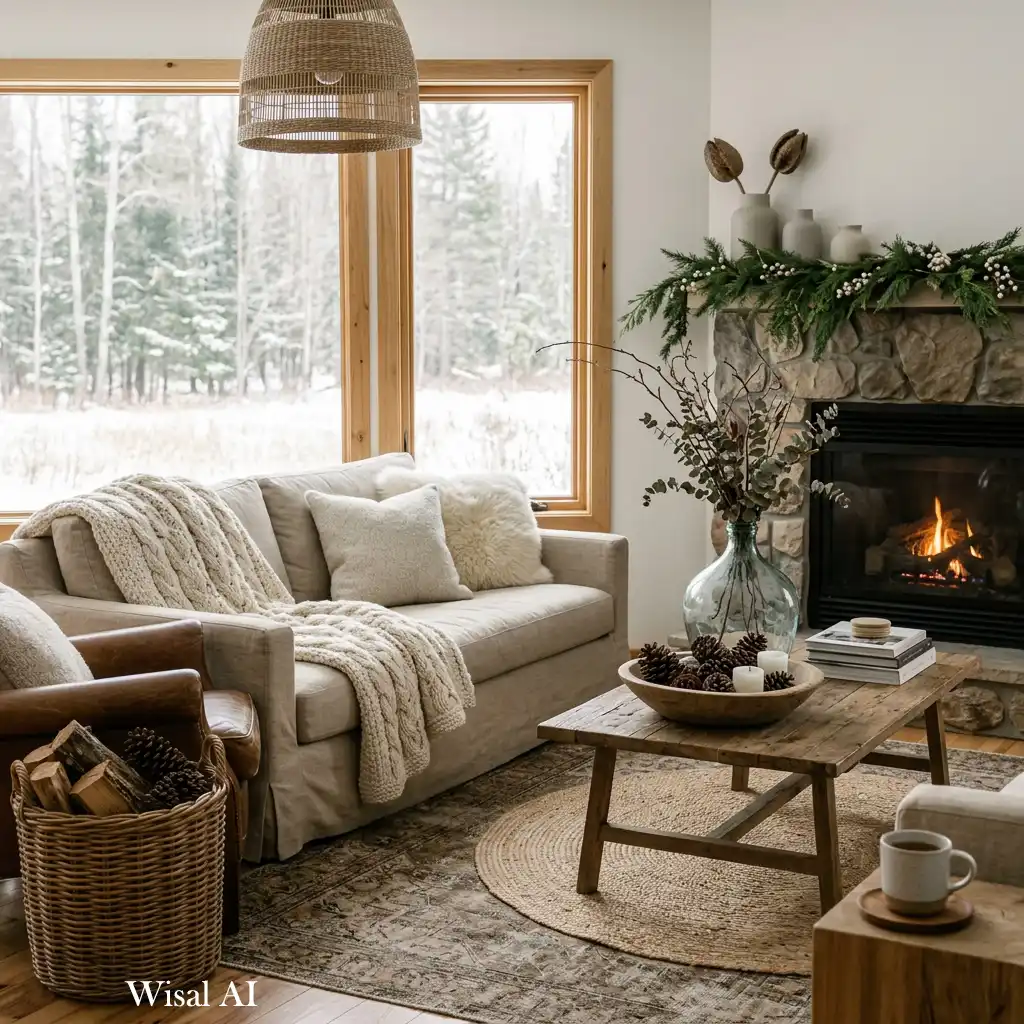 Nature-inspired winter living room decorated with organic textures and greenery.