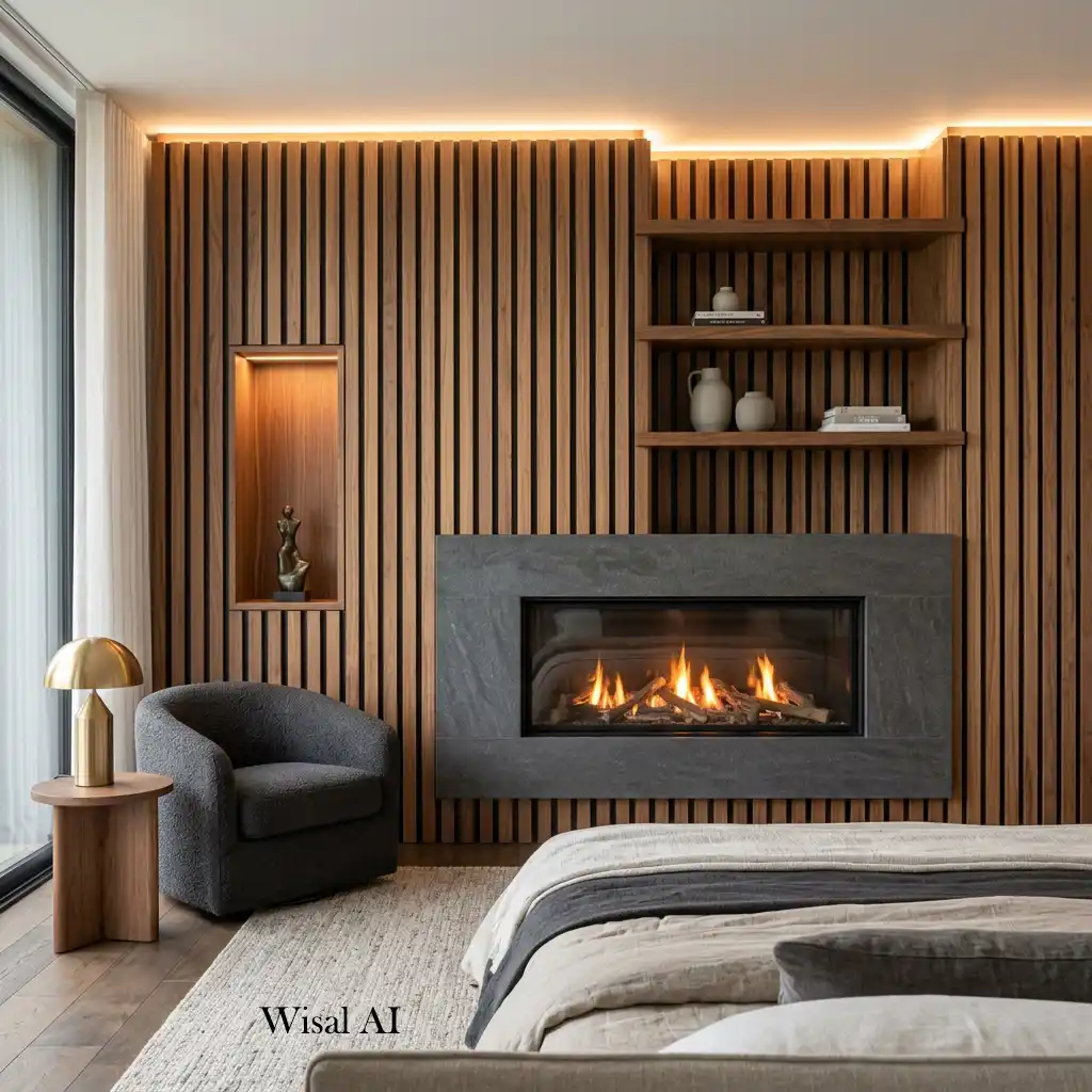Luxury bedroom with a wood slat accent wall and a built-in linear fireplace.