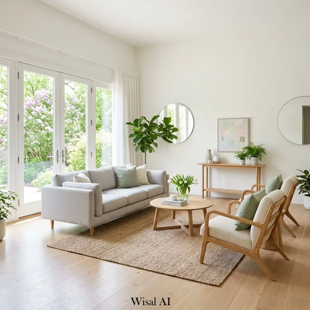 Floating furniture layout enhancing airy spatial flow.