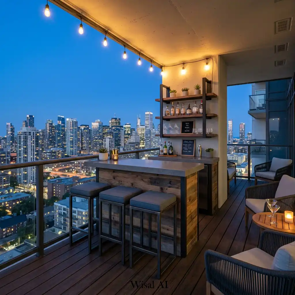 Modern balcony with an outdoor bar overlooking illuminated city views