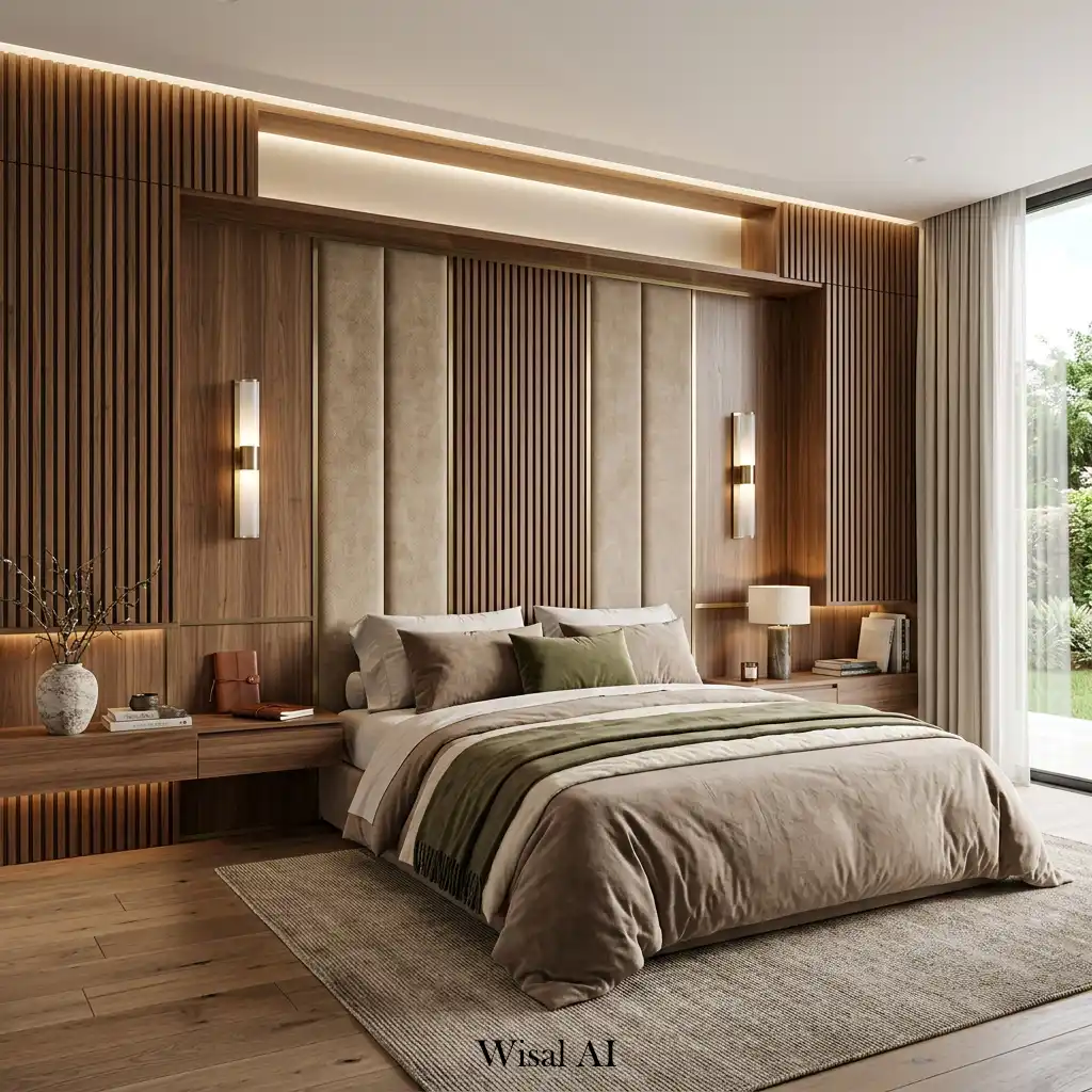 Bedroom with integrated headboard and custom wall paneling feature.