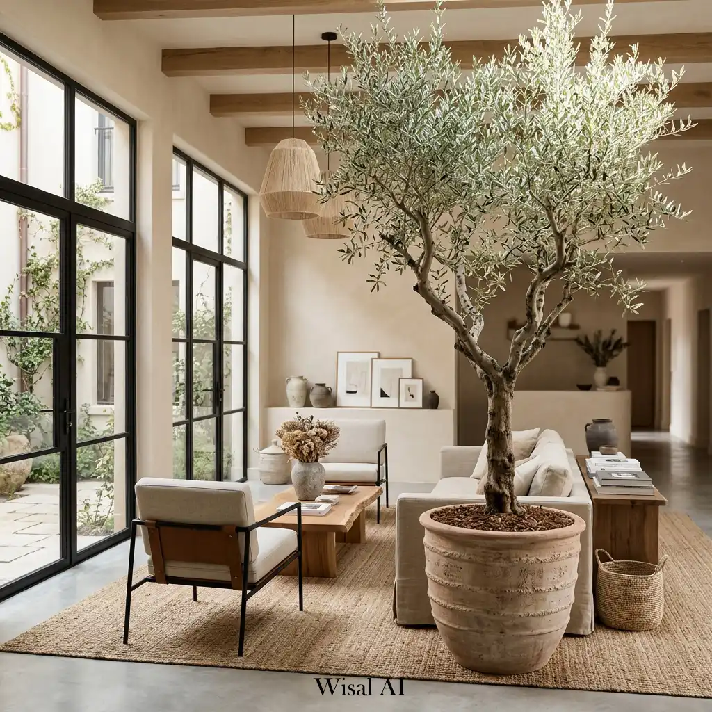 Luxury living room with a sculptural indoor tree and natural design elements