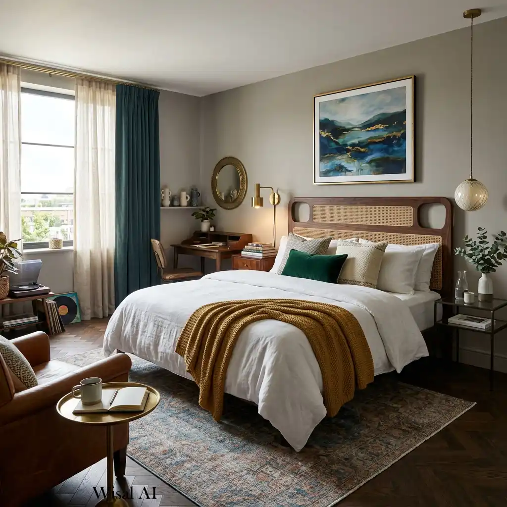 Boutique hotel-inspired bedroom with custom furnishings and luxury finishes