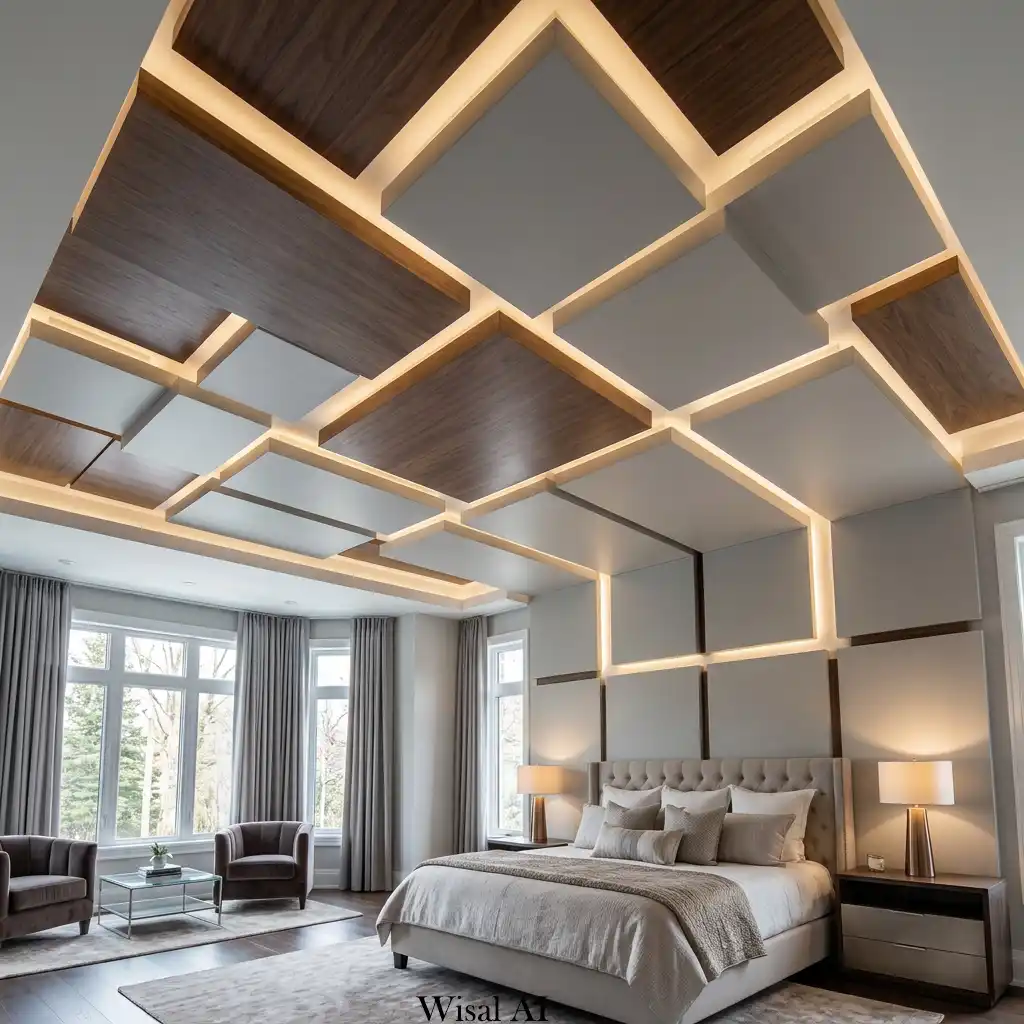 Contemporary bedroom with oversized ceiling panels and recessed lighting.