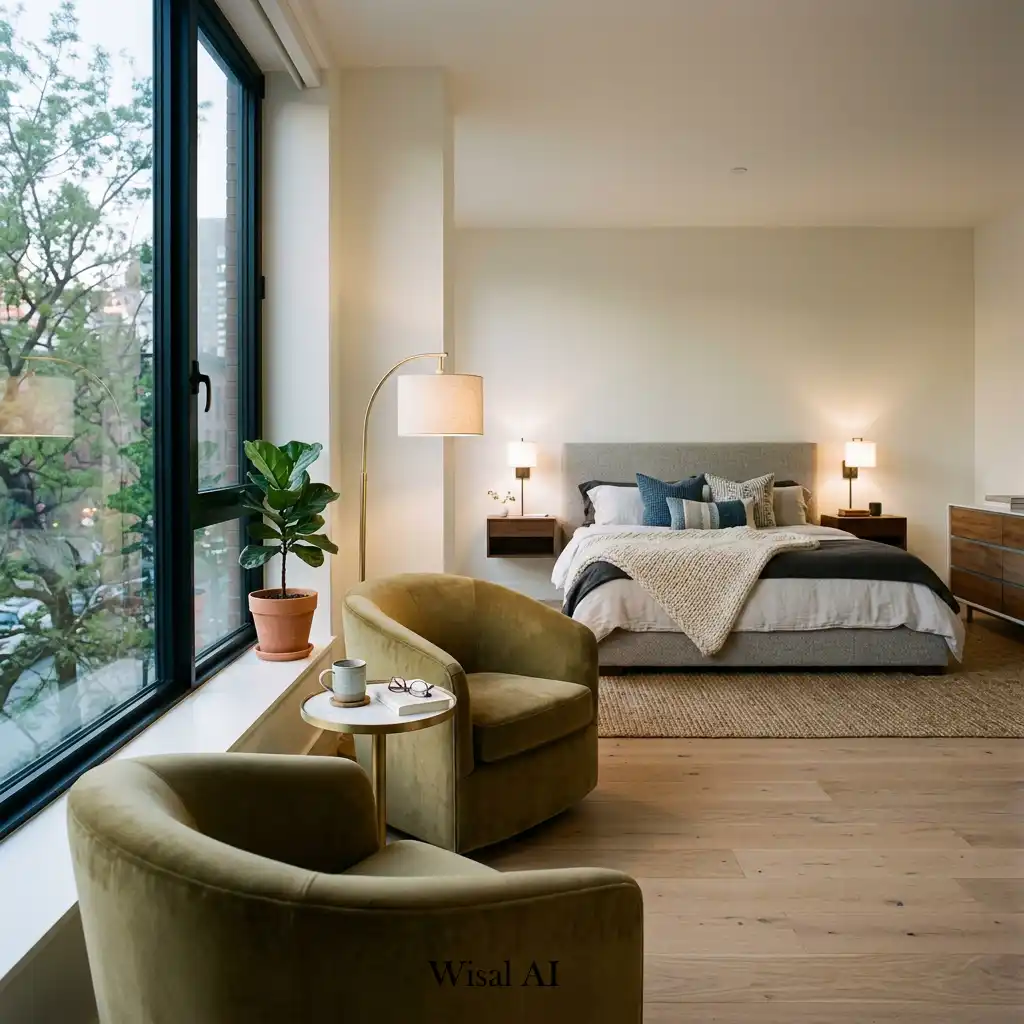 Elegant bedroom featuring a cozy indoor seating nook near a large window