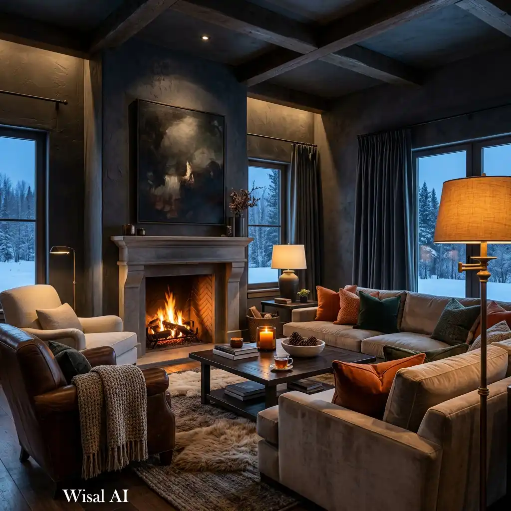 Dark and moody winter living room with warm lighting and rich textures.
