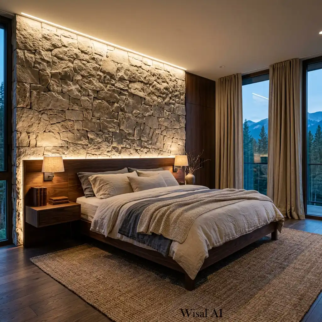Luxury bedroom with textured stone walls and rich dark wood furniture.