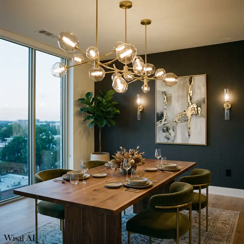 Modern dining room highlighted by sculptural designer lighting fixtures