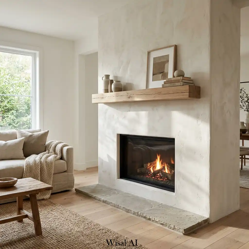 Contemporary fireplace finished in textured plaster with organic modern appeal
