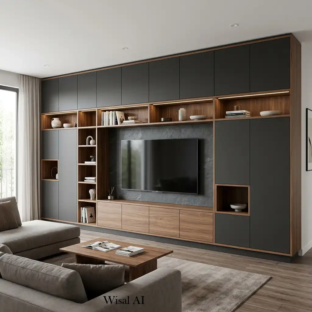 Full-wall entertainment unit with concealed storage and custom cabinetry.
