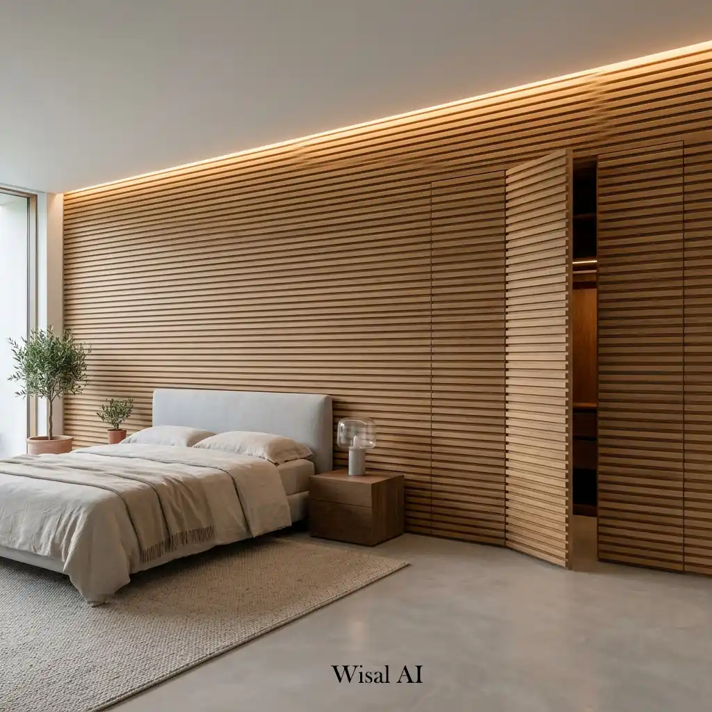 Full-wall wood slats concealing hidden closet doors in a minimalist bedroom.