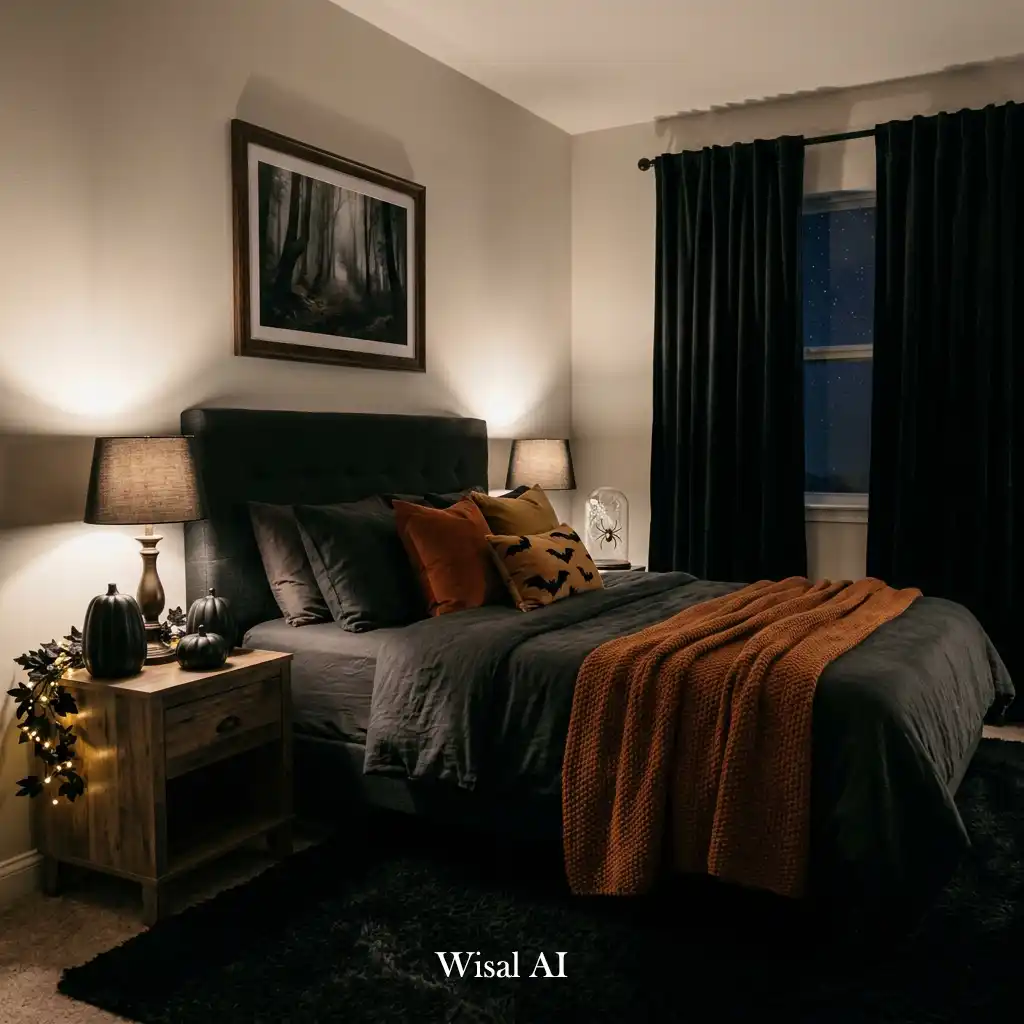 Dark bedroom illuminated by soft shadow lighting and warm ambiance.