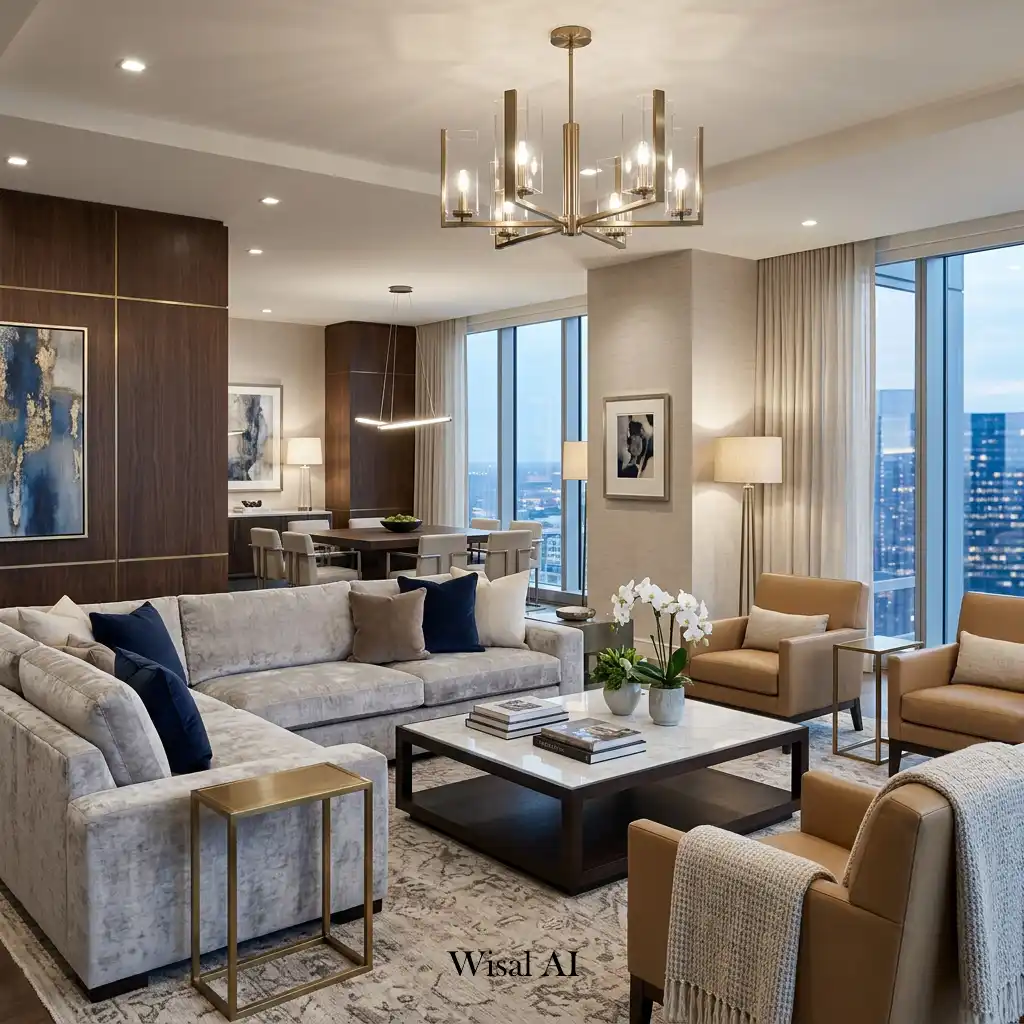Hotel-inspired open concept living room with upscale furnishings and lighting