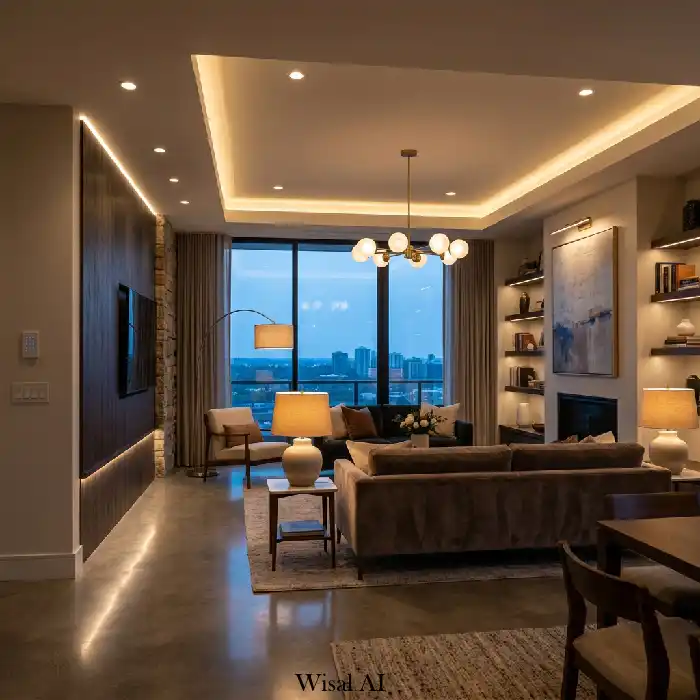Elegant living room with recessed lighting, wall sconces, and layered ambient illumination creating a warm atmosphere