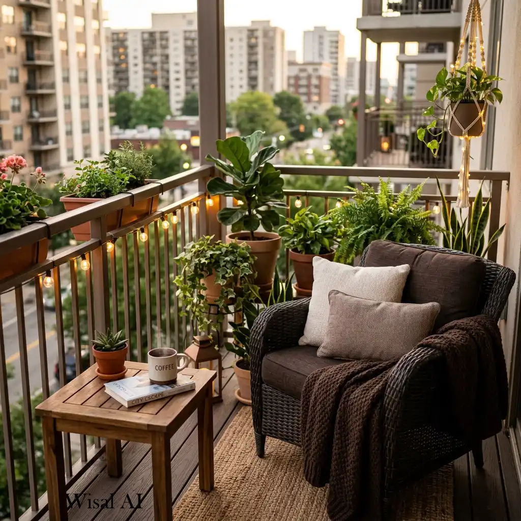 Small apartment balcony with mocha warm cozy styling