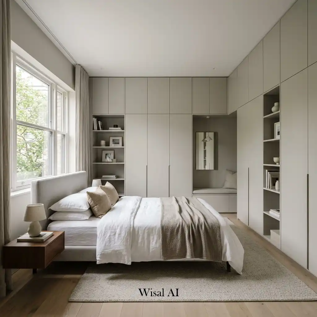 Modern bedroom with floor-to-ceiling storage and seamless cabinetry.