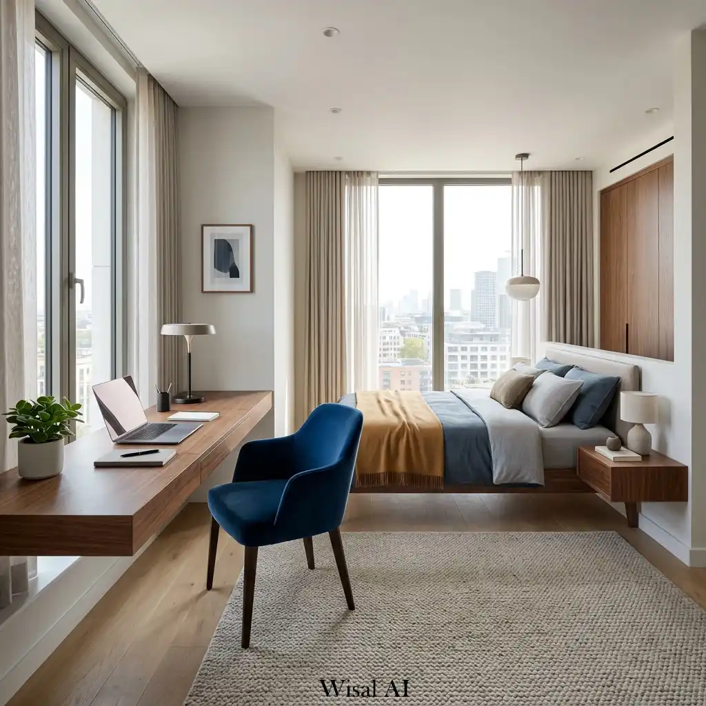 Modern European bedroom with walnut floating desk and velvet chair