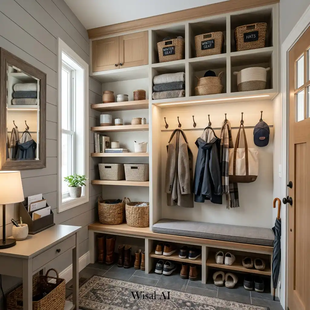 Space-efficient mudroom with vertical storage solutions and modern organization