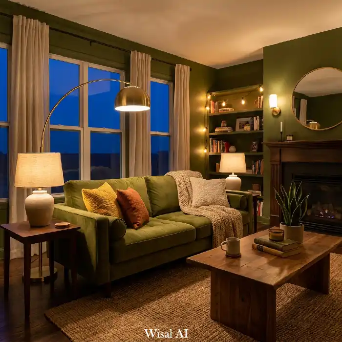 Olive green living room with warm ambient lighting, layered textures, and inviting atmosphere