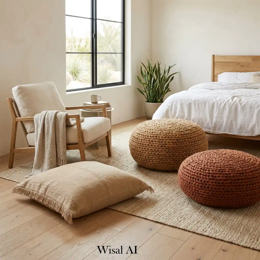 Oversized textured poufs in relaxed luxury bedroom