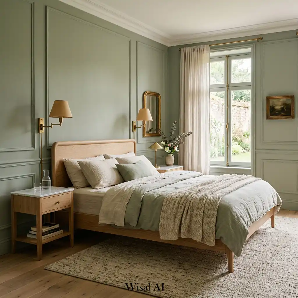 European-inspired sage green bedroom with elegant white oak furniture and classic details.