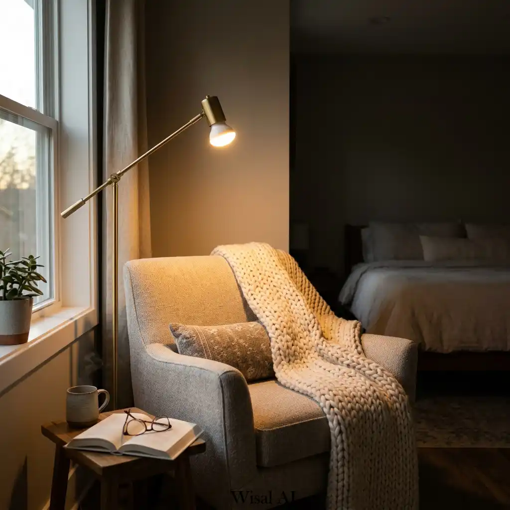 24. Soft Shadow Bedroom with a Cozy Reading Corner
