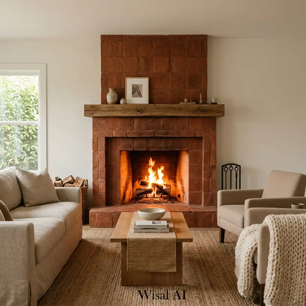 Living room fireplace with terracotta warm feature design