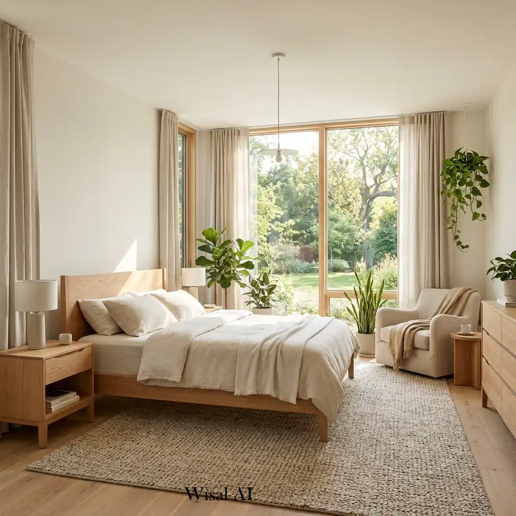 White oak bedroom with large picture windows and abundant natural light.