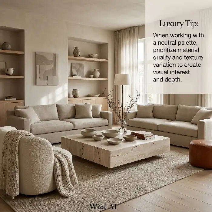 Ultra-luxury living room featuring travertine, oak, linen, and textured neutral materials in a refined contemporary design