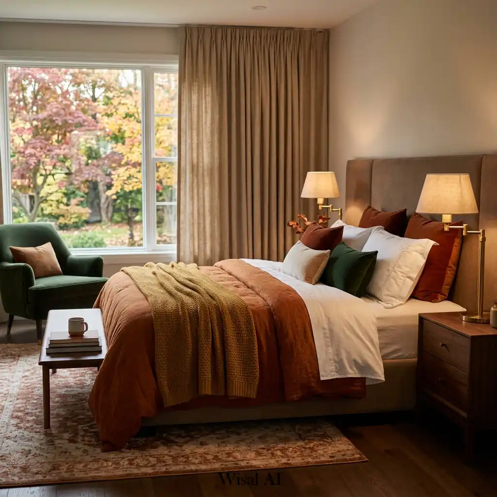 Hotel-inspired autumn bedroom with plush bedding and elegant finishes.