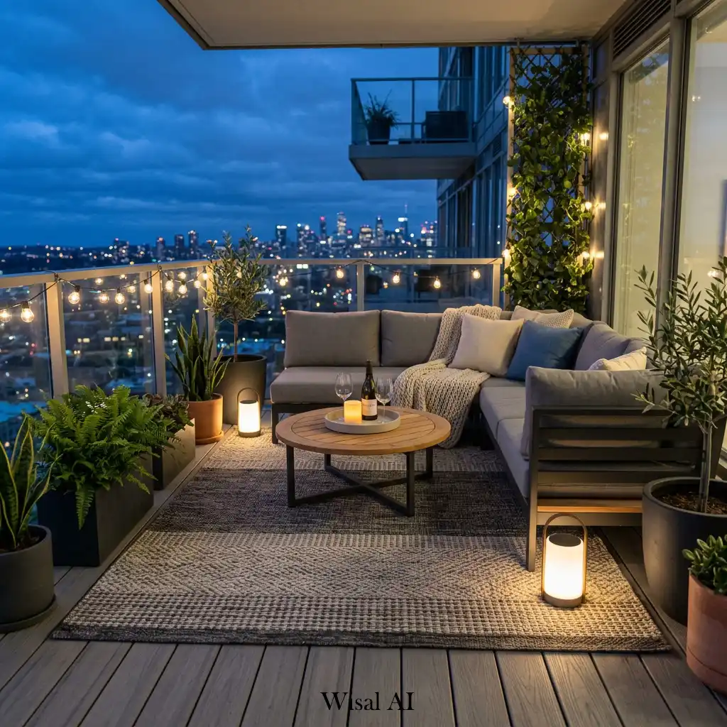Stylish balcony featuring a luxury outdoor rug and comfortable seating