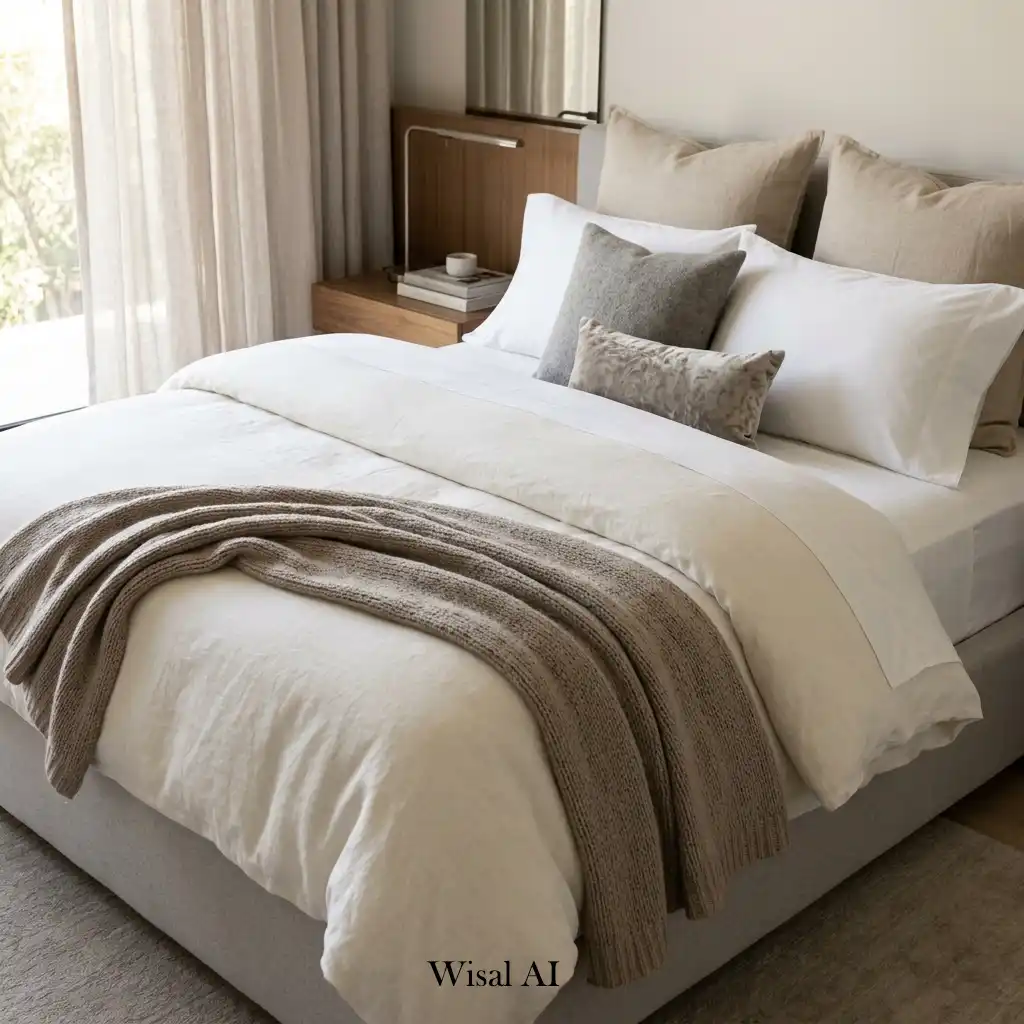 Modern luxury bedroom showcasing layered bedding and high-end textiles