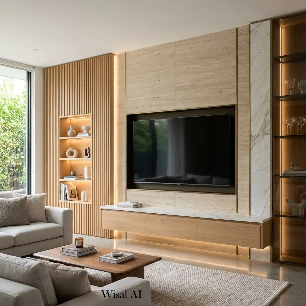 Contemporary built-in TV wall combining wood, stone, fluted panels, and concealed LED lighting.