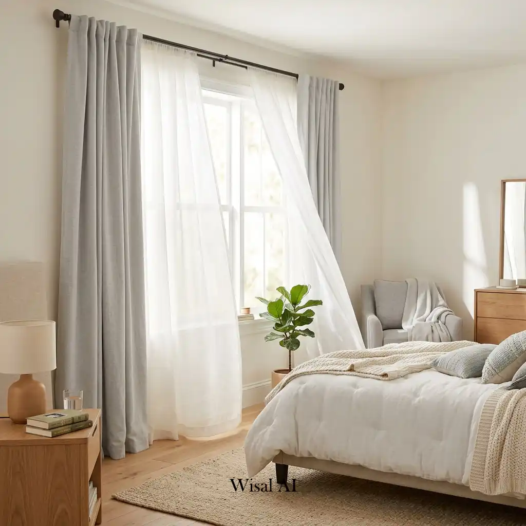 Cozy bedroom with sheer curtains filtering soft natural sunlight.