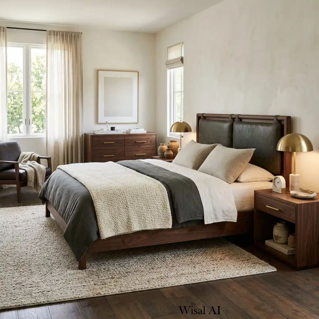 Timeless dark wood bedroom featuring walnut furniture, marble accents, linen bedding, and warm layered lighting.