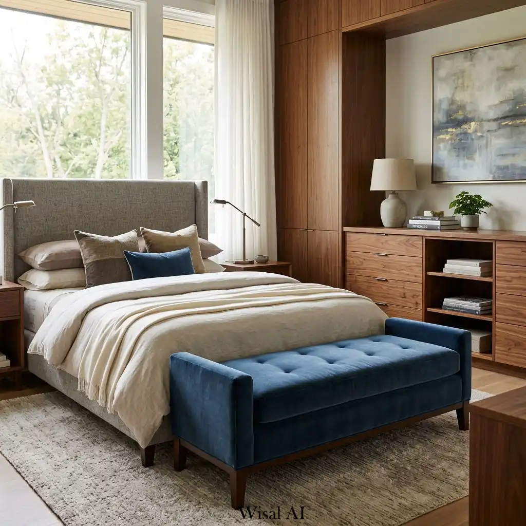 Designer bedroom suite with velvet bench and walnut storage