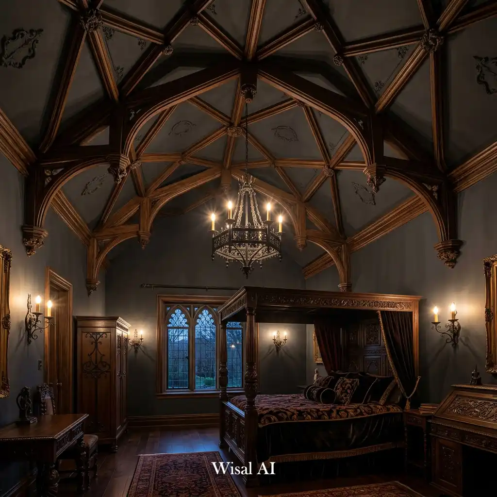 Gothic-inspired bedroom featuring decorative ceiling details and moody colors.