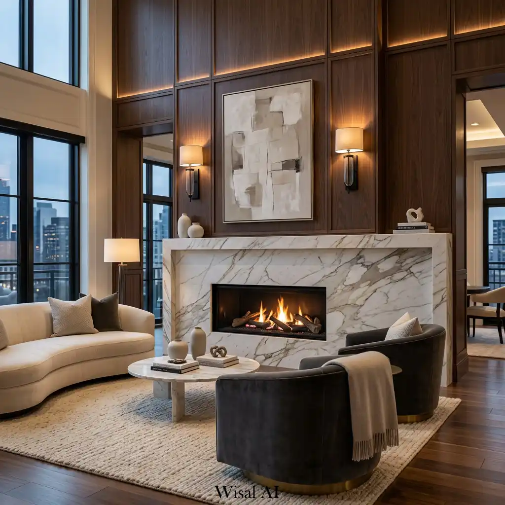 Hotel-inspired luxury fireplace with marble details and sophisticated styling