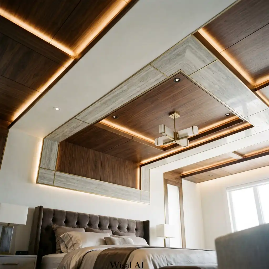 High-end bedroom with a layered ceiling combining wood, plaster, LED lighting, and premium architectural finishes.