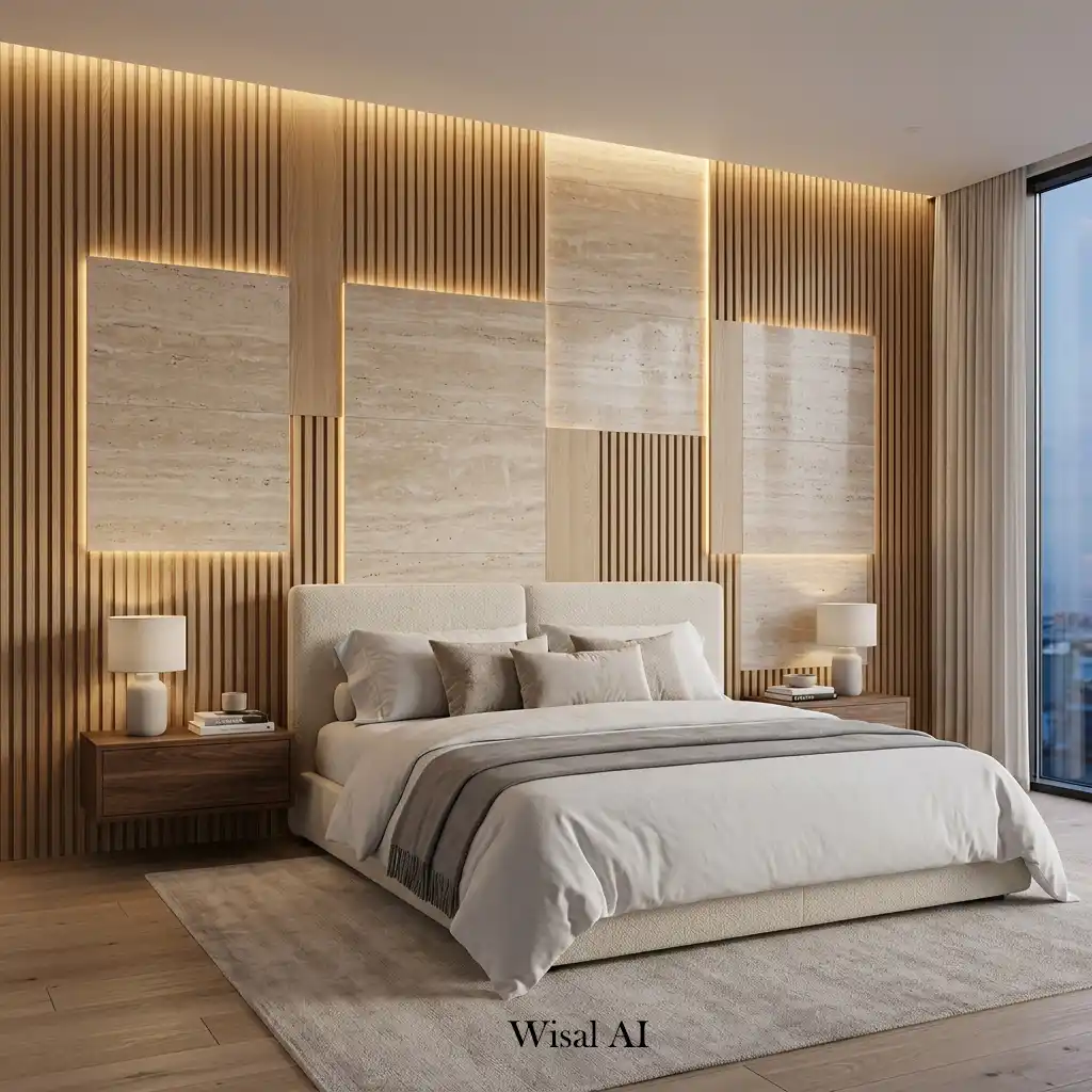 Mixed wood slat wall with natural stone panels and warm ambient LED lighting.