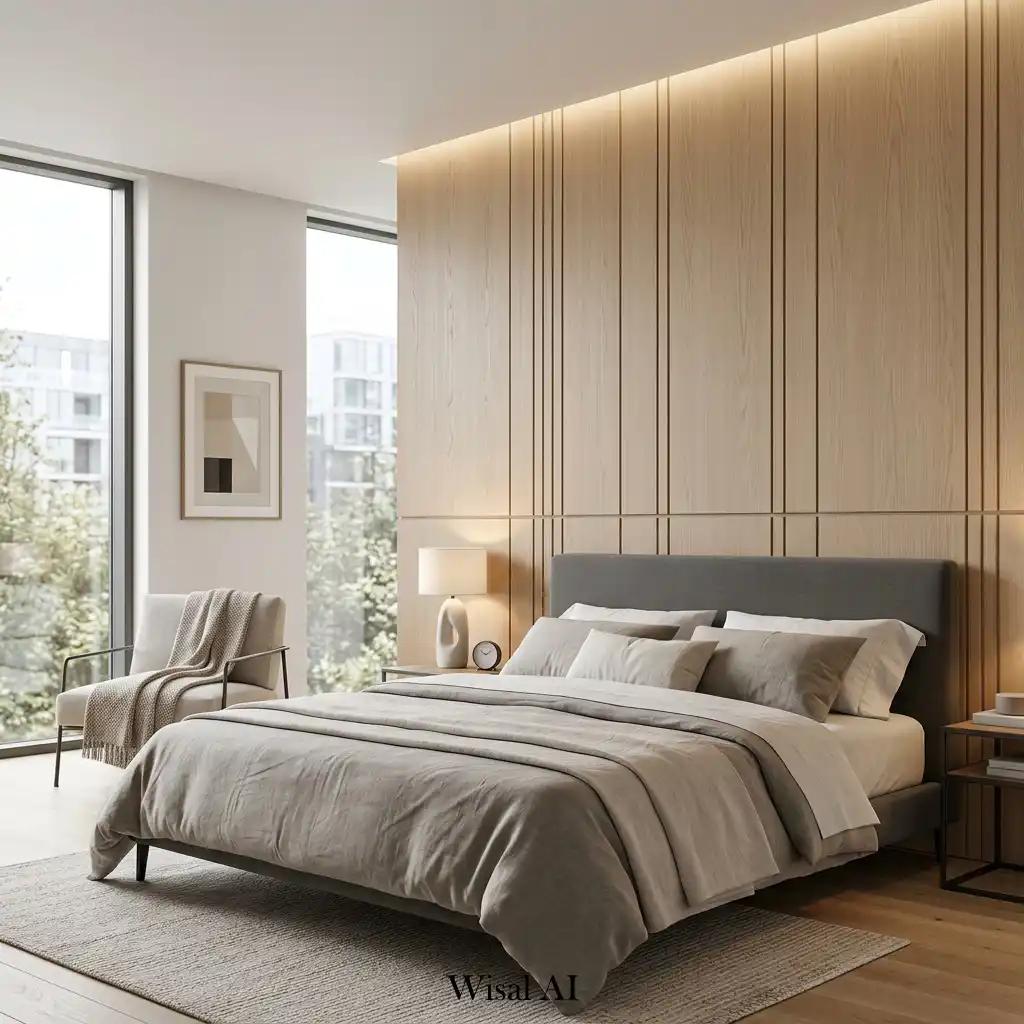 Modern bedroom showcasing minimalist wall paneling with clean lines.