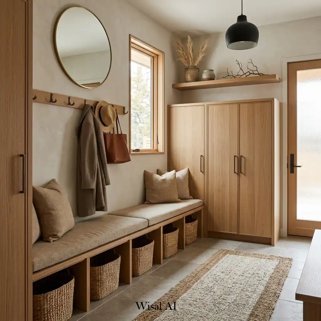 Organic modern mudroom with natural materials, warm textures, and minimalist styling