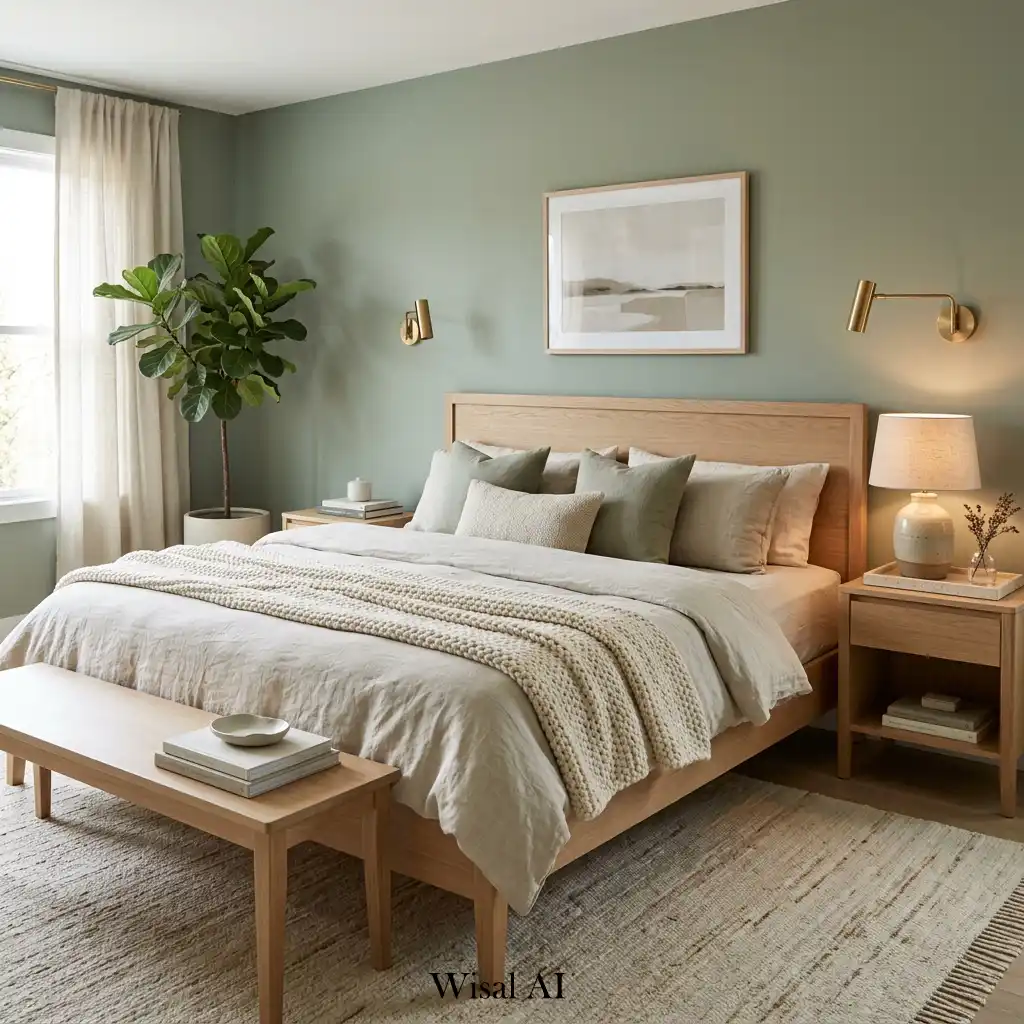Timeless sage green bedroom with white oak furniture, linen textiles, natural stone, and warm layered lighting.