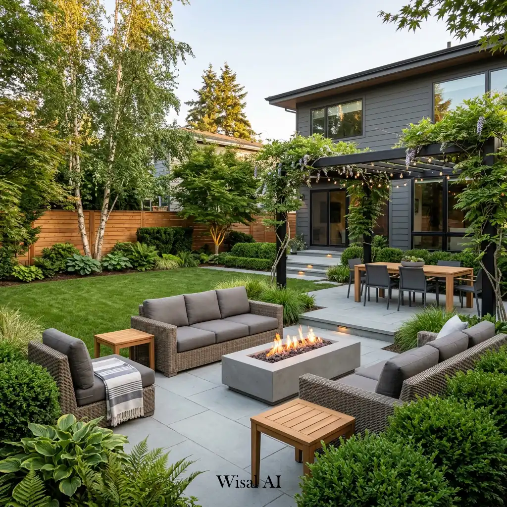 Timeless contemporary backyard with modern architecture, landscaping, and outdoor entertaining areas