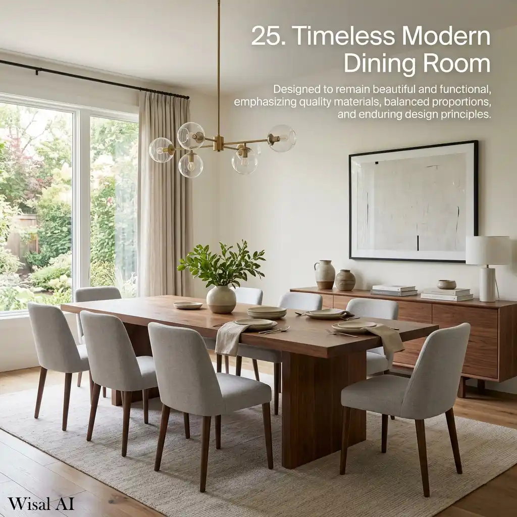 Timeless modern dining room with classic furniture and elegant neutral colors