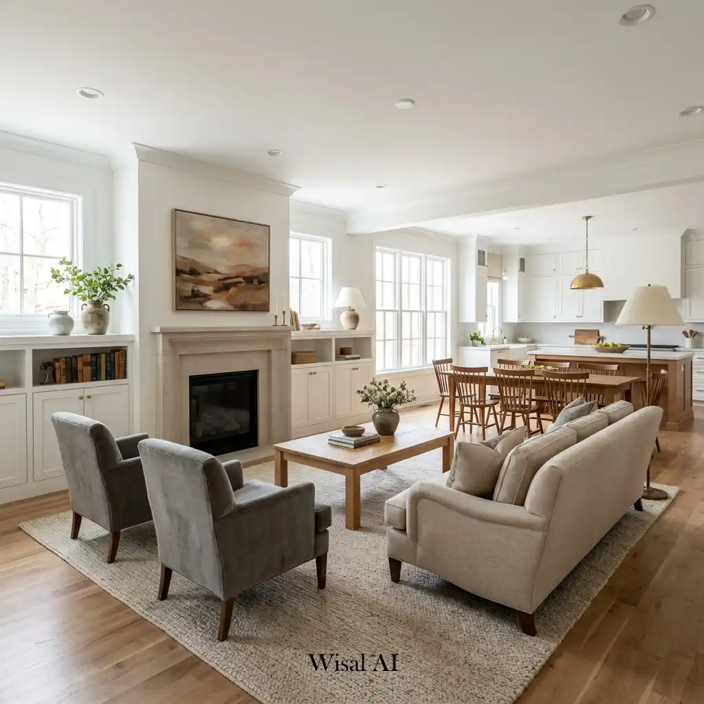 Timeless open concept living room with classic furniture and neutral colors