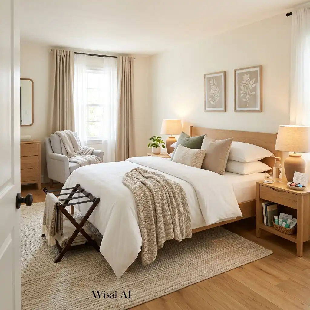 Ultimate guest bedroom retreat with comfortable bedding, lighting, and thoughtful design.