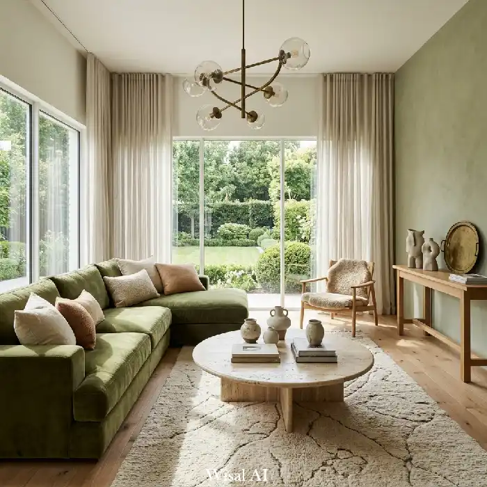 Ultimate organic luxury olive green living room with travertine surfaces, linen textiles, and timeless design