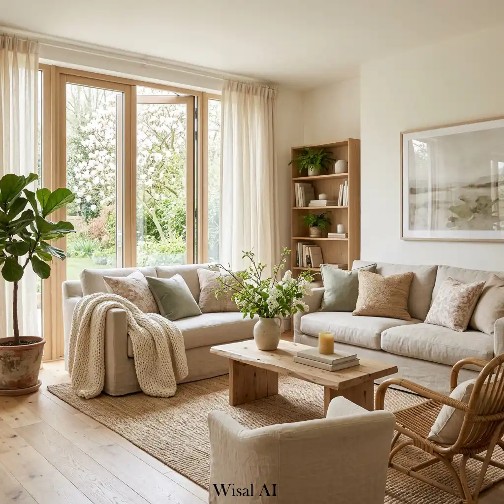 Ultimate spring living room retreat with natural luxury feel.