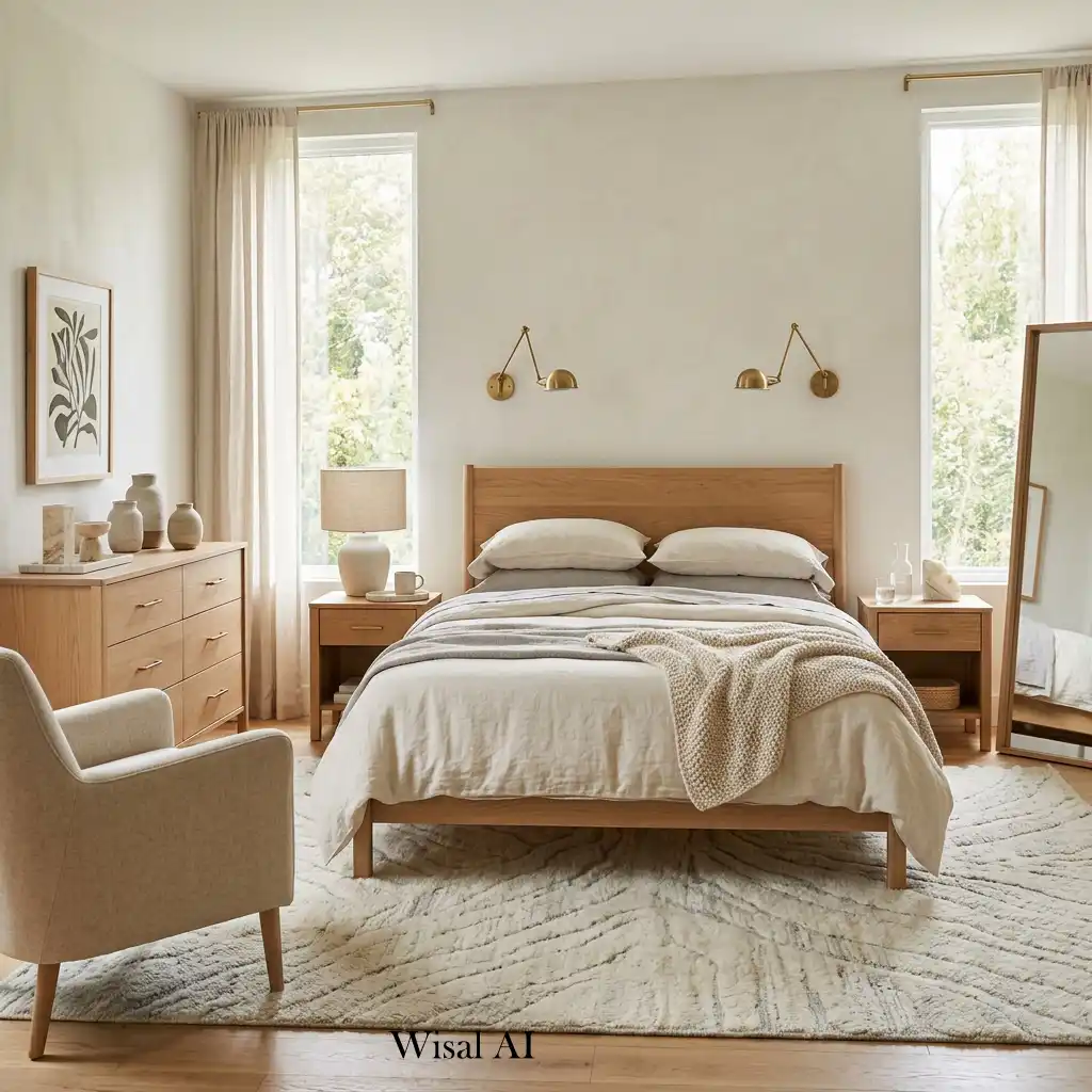 Timeless white oak bedroom with natural materials, marble accents, linen bedding, and warm layered lighting.